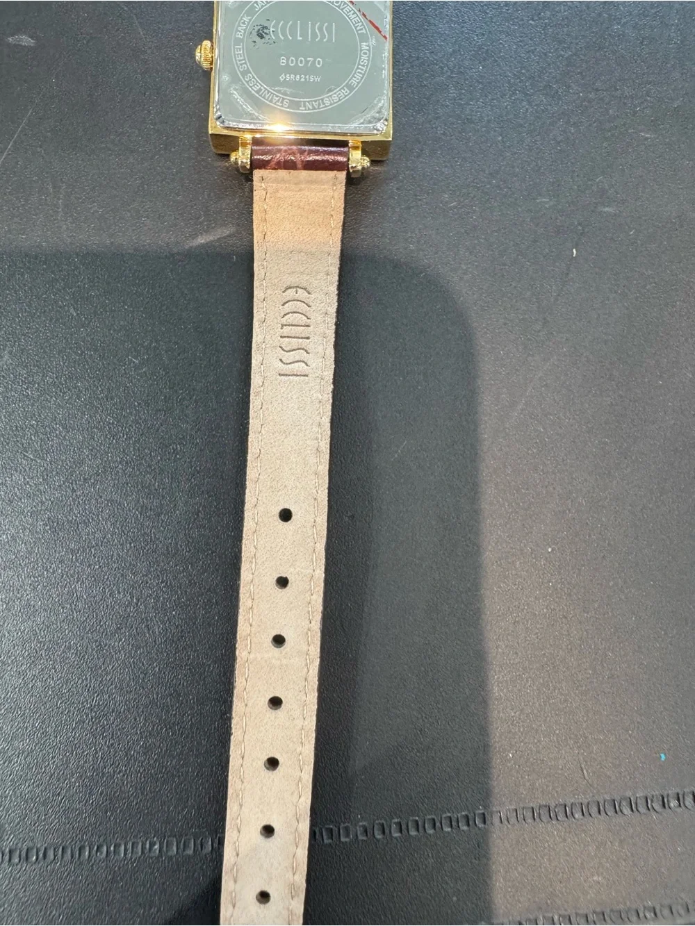 Ecclissi Gold Tone Square Watch with White Roman Dial & Brown Croc Leather Strap